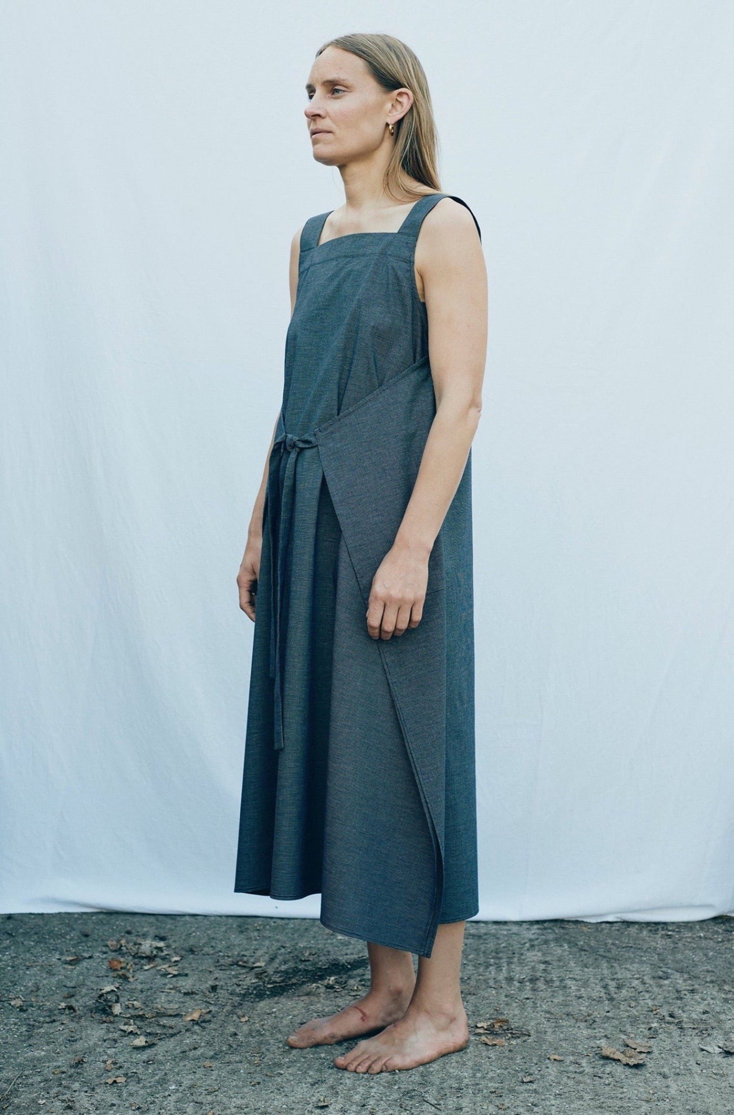 Apron Dress - Navy Microcheck Italian Cotton